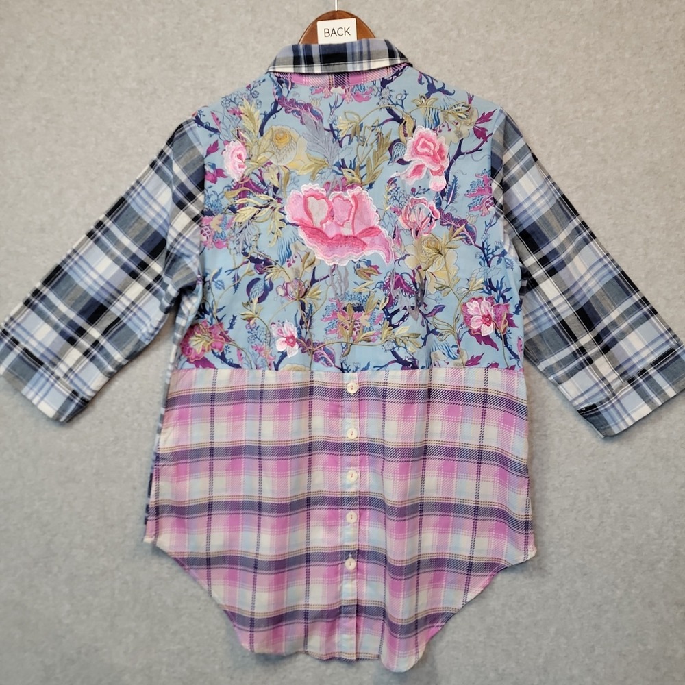 Soft Surroundings Women's Plaid Embroidered Floral Button Tunic Top Boho Sz M
